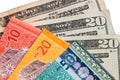 Closeup of Malaysia Ringgit and American US Dollar Royalty Free Stock Photo