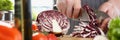 Closeup of a male cook hand using knife slicing fresh red cabbage on cutting board in kitchen at home Royalty Free Stock Photo