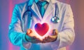 Closeup male doctor hands holding a red heart glowing neon colors Royalty Free Stock Photo