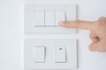 Closeup Male finger is turn on or off on light switch on white wall at home. Energy Saving, power, electrical and lifestyle Royalty Free Stock Photo