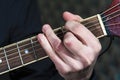 Closeup of male hand playing on acoustic guitar Royalty Free Stock Photo