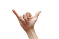 Hand showing shaka sign against white background