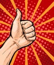 Closeup of male hand showing thumbs up sign on pop art background. Pop Art poster. Pop Art background. isolated, message, support,