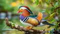 Closeup of Male Multi Colored Mandarin Duck on Tree Branch - Generative Ai