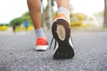 Closeup of male running walking shoes. Work out concept, step walk Royalty Free Stock Photo