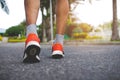 Closeup of male running walking shoes. Work out concept, step walk Royalty Free Stock Photo