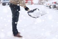 Closeup of man digging snow with shovel near car Royalty Free Stock Photo