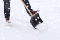 Closeup of man digging snow with shovel