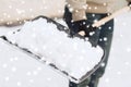 Closeup of man digging snow with shovel