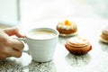 Closeup of delicious cake and cup of coffee