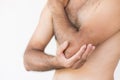 Closeup man elbow and arm pain and injury Royalty Free Stock Photo