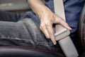 Closeup of man fastening seat belt in car, Safety belt safety first