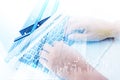 Closeup of man hand using laptop on office desktop Royalty Free Stock Photo