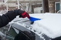 Closeup of man hand in winter gloves clean snow from roof of the car with small shovel cold winter day