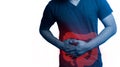 Closeup man`s body against white background, People With Stomach ache of large intestine in body ,Medical problem concept