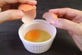 Closeup of man`s hand cracking an egg into a bowl