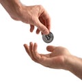 Closeup man`s hand holding silver Bitcoin, isolated on white background. Digital currency money trading with cryptocurrency, coin Royalty Free Stock Photo