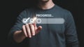 Man Hand Interacting with Progress Bar Checkmarks Dark Grey Long Sleeve Shirt Background image Royalty Free Stock Photo