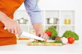 Closeup man`s hand with a knife cutting green onion. Royalty Free Stock Photo