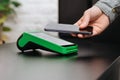 Closeup of man`s hand making contactless payment in store Royalty Free Stock Photo