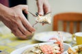 Closeup of man's hands cracking lobster above dish Royalty Free Stock Photo