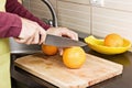 Closeup of manÃÂ´s hands cutting oranges