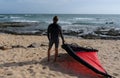 Closeup of a man wind foiling in Tarifa