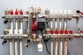 Closeup of manometer, pipes and faucet valves of heating system in a boiler room Royalty Free Stock Photo