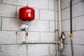 Closeup of manometer, pipes and faucet valves of heating system in a boiler room at home