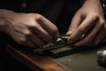 Closeup of a mans hands sharpening a knife in a workshop, knife sharpening, Ai Generated