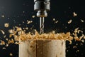 closeup of manual drill used on a softwood block, chips falling