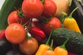 closeup of many fresh organic vegetables of various colors