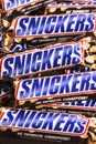 Closeup of many Snickers chocolate bars