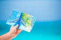 Closeup of map and model airplane background the sea Royalty Free Stock Photo