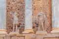 Closeup of a marble sculptures and columns of Roman Ruins of Merida in Extremadura, Spain Royalty Free Stock Photo