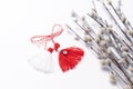 Closeup Martenitsa, Baba Marta, Martisor With Willow Twig on White Background. Traditional