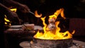 Closeup of a master making a glass jar in a fire in Istanbul, Turkey