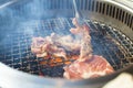 Closeup of meat on a grill or barbecue with smog Royalty Free Stock Photo