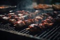 Closeup of meat skewers being grilled on a barbecue