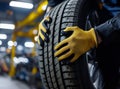 Closeup of mechanic hands pushing a black tire in the workshop. Royalty Free Stock Photo