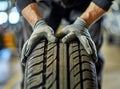 Closeup of mechanic hands pushing a black tire in the workshop. Royalty Free Stock Photo