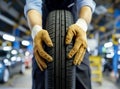 Closeup of mechanic hands pushing a black tire in the workshop. Royalty Free Stock Photo