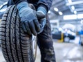 Closeup of mechanic hands pushing a black tire in the workshop. Royalty Free Stock Photo