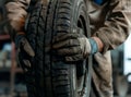 Closeup of mechanic hands pushing a black tire in the workshop. Royalty Free Stock Photo