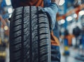 Closeup of mechanic hands pushing a black tire in the workshop. Royalty Free Stock Photo