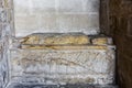 Closeup of a medieval tomb in the cloister of the Cathedral in Plasencia, Spain