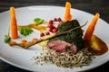 Closeup medium raw meat in dill served with wheat sprouts