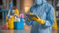 Closeup medium shot of a worker logging disinfection procedures on a digital tablet surrounded by outoffocus cleaning Royalty Free Stock Photo