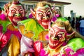 Closeup men in pied scary clowns costumes pose for photo at dominican carnival