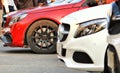 Closeup of Mercedes cars displayed at a college festival in Pune, India